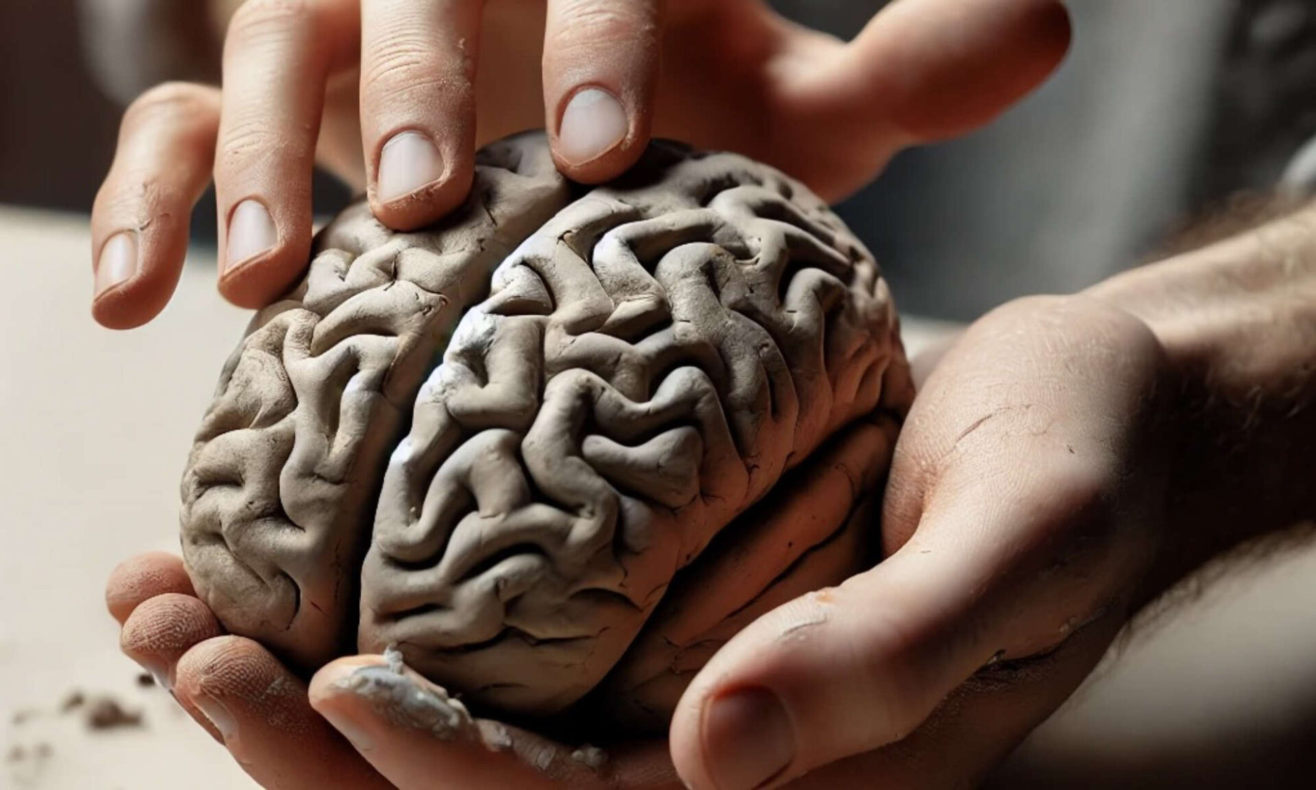 Hands sculpting a clay brain to illustrate neural sculpting of brain activity patterns.