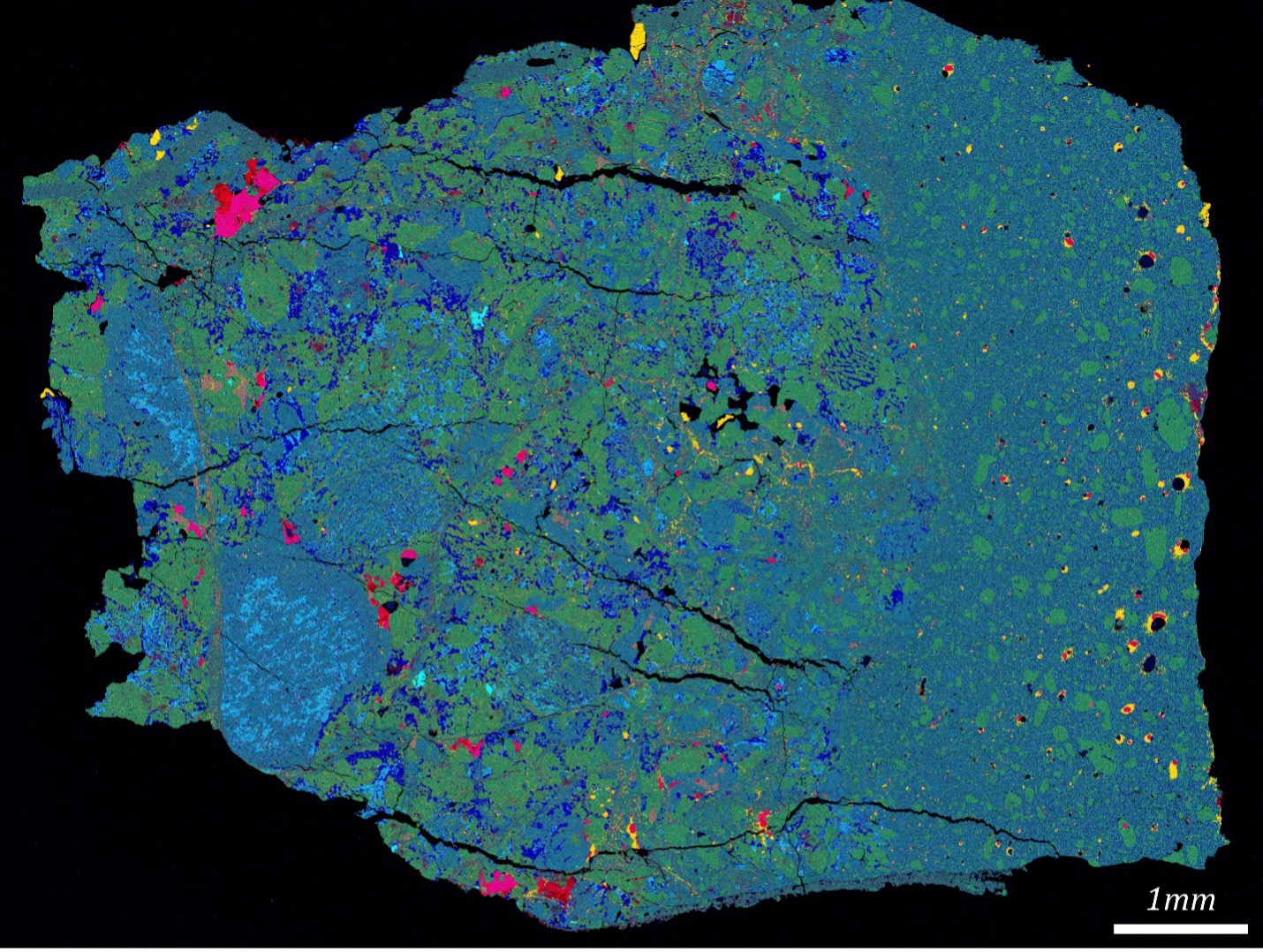 A chemical map of a thin section of meteorite.