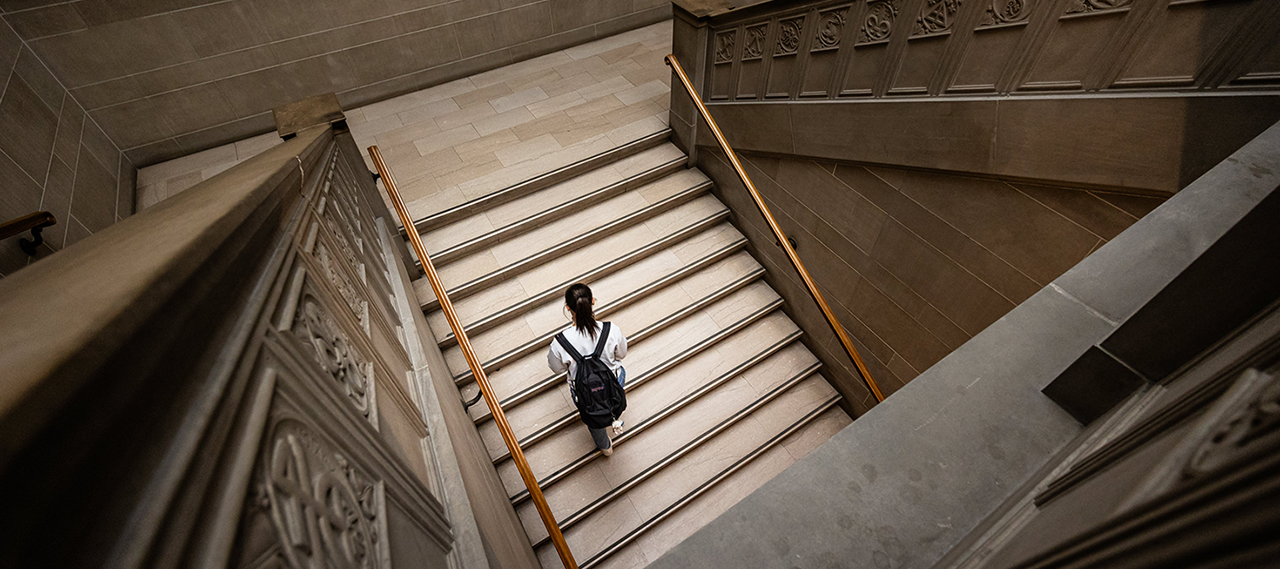 An overhead view of a student carrying a backpack walking up a marble staircase.