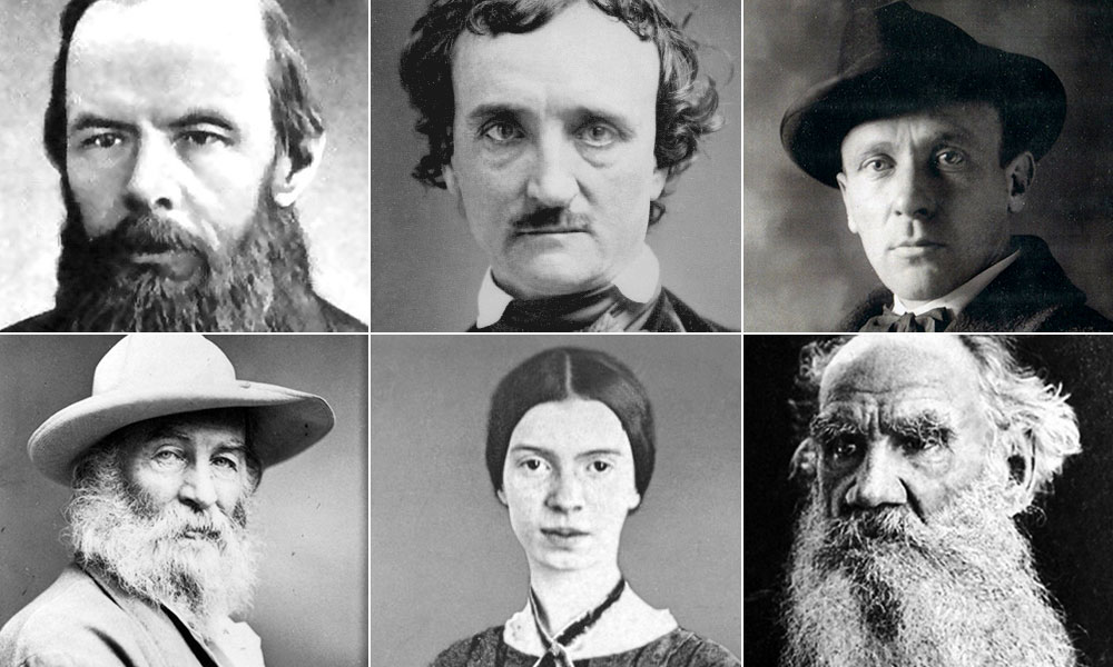 six portraits of the authors Fyodor Dostoevsky, Edgar Allen Poe, Mikhail Bulgakov, Walt Whitman, Emily Dickinson, and Leo Tolstoy