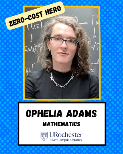 Headshot of Ophelia with a yellow border on a blue background.