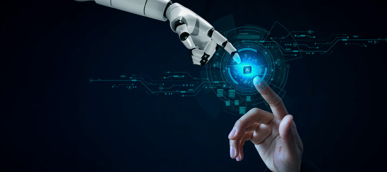 Robotic arm reaches towards a human hand.