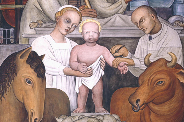 A portion of the Diego Rivera Detroit Industry mural depicting a child receiving a vaccine.