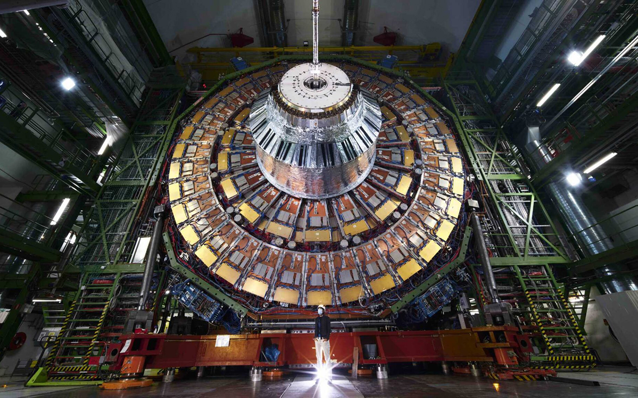 Low angle view of CERN Compact Muon Solenoid detector, used to measure the electroweak mixing angle, a component of the Standard Model of Particle Physics.