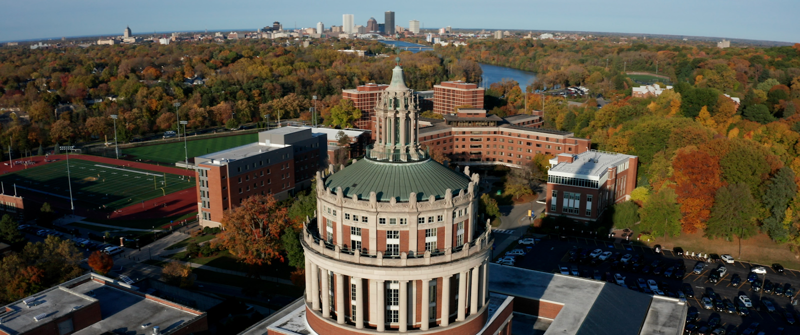 An aeriel view of one of the buildings on campus