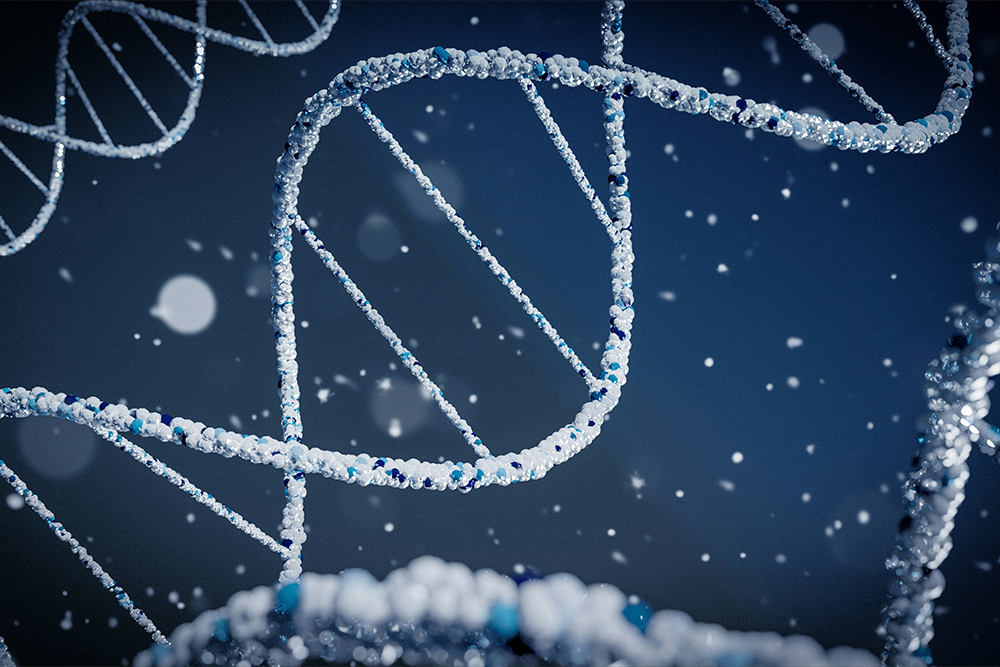 A graphic depiction of DNA molecules on a blue background.
