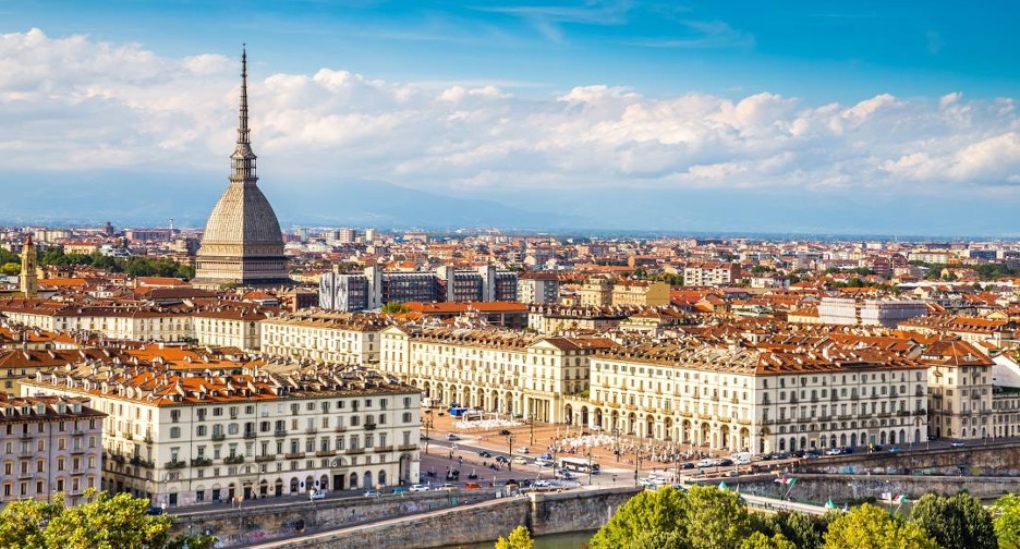 An aerial view of a European city.