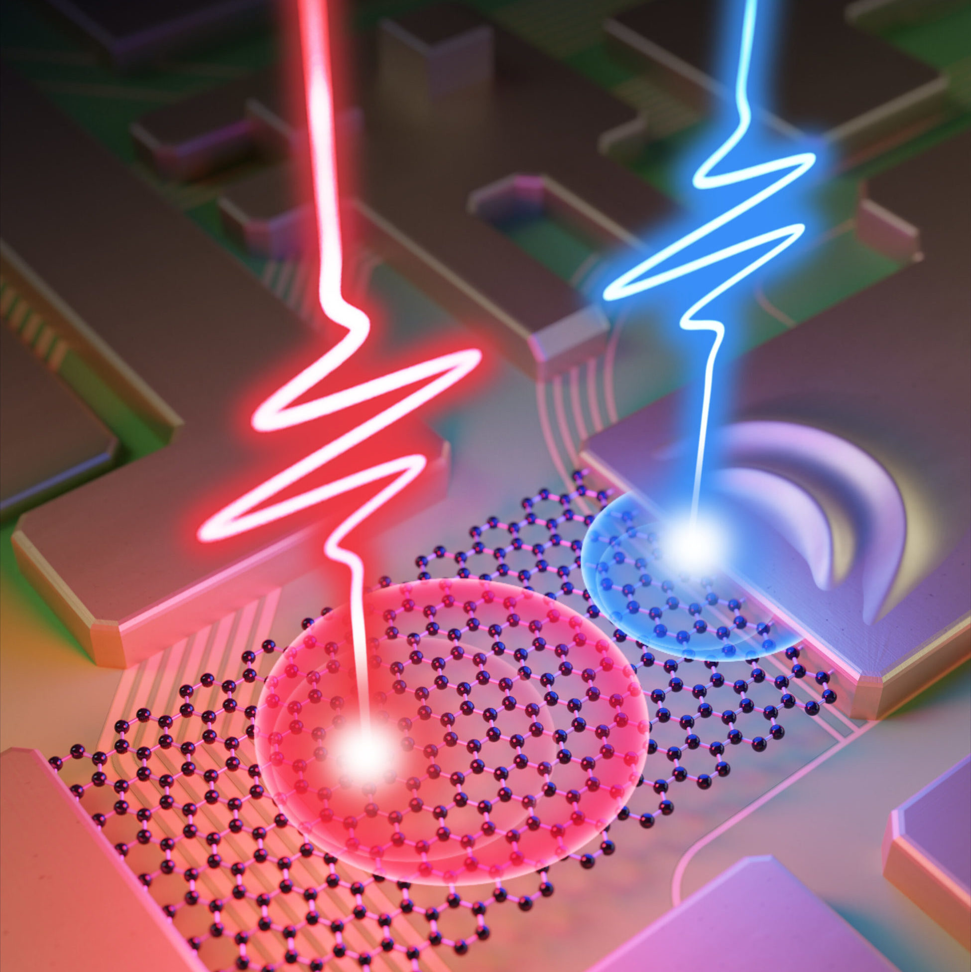 Synchronized laser pulses (red and blue) generate a burst of real and virtual charge carriers in graphene that are absorbed by gold metal to produce a net current
