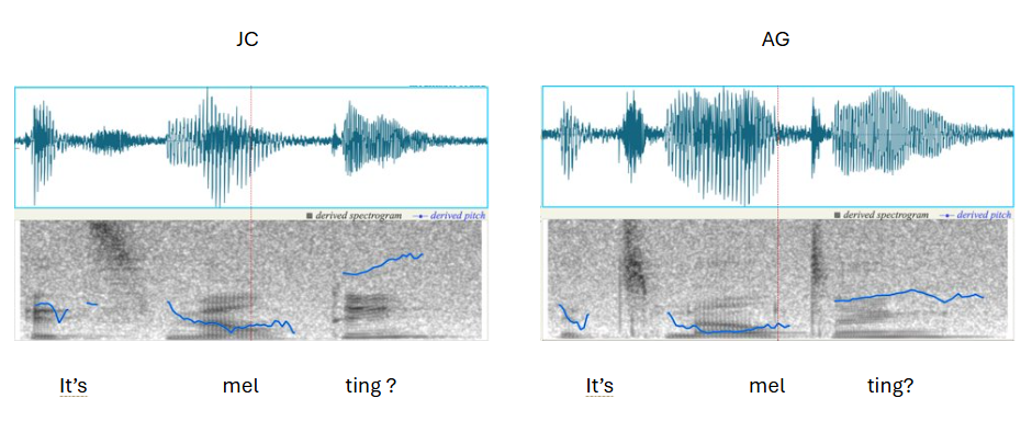 Two spectrograms show two different people saying "it's melting." The spectrograms are very different.
