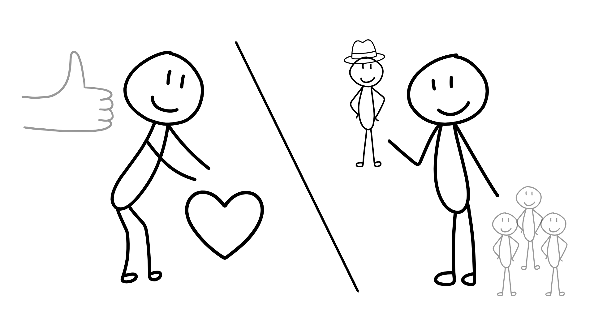 One stick figure with a heart separated by several figures by a line, all are smiling.