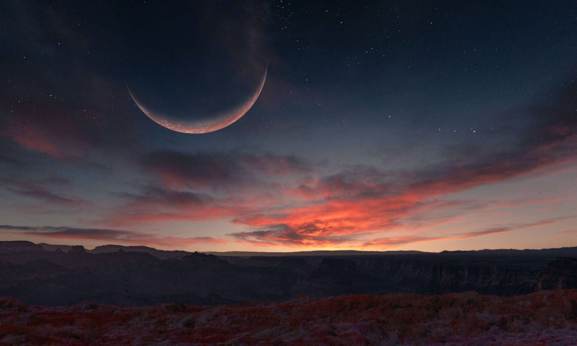 Photo illustration depicting a rocky Earth-like landscape with the orange-pink light of a setting sun reflecting off a large moon likely formed with the limited role of streaming instability.