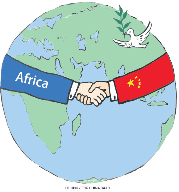 Political cartoon of Africa shaking hands with china