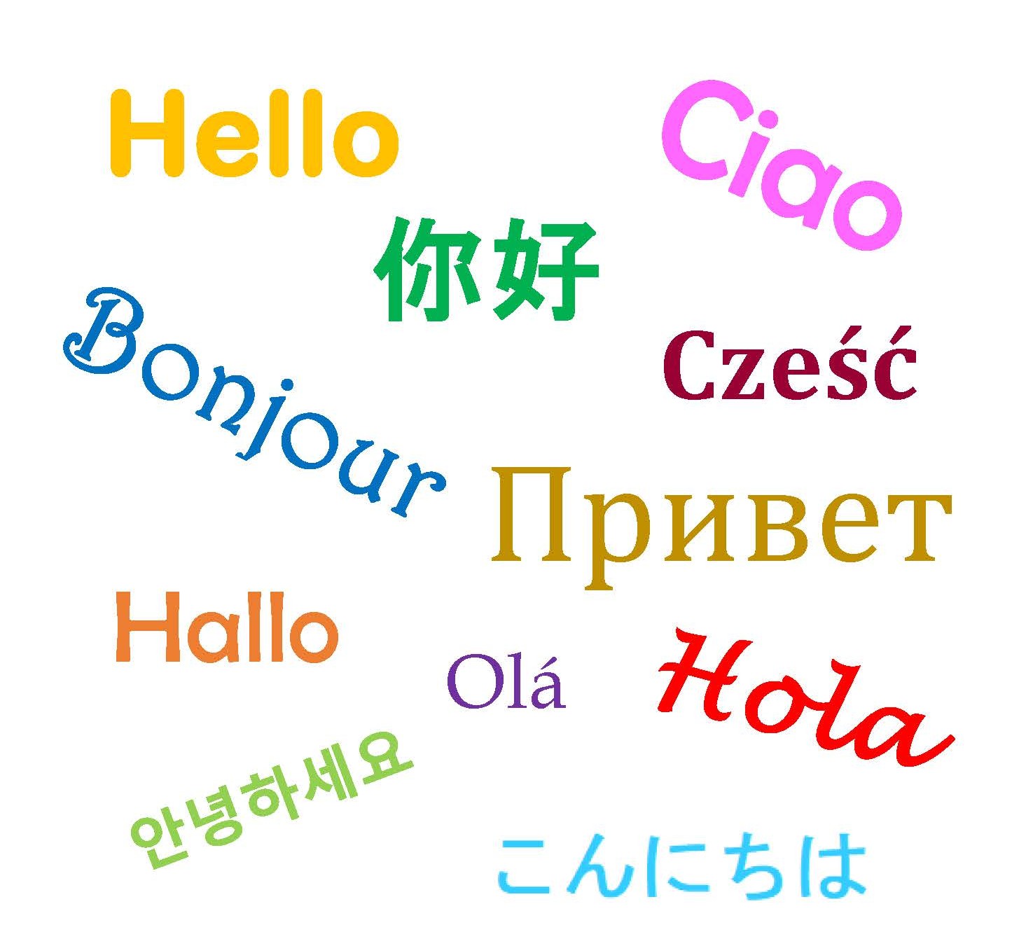 The word hello in various languages, fonts, and colors.