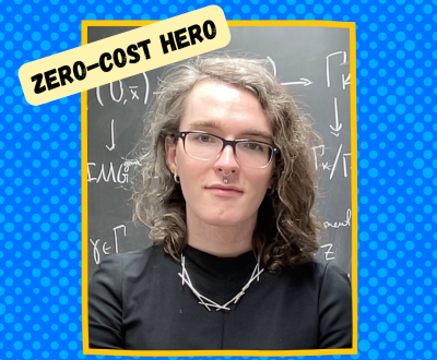 A headshot of Ophelia in a yellow square on a blue background.
