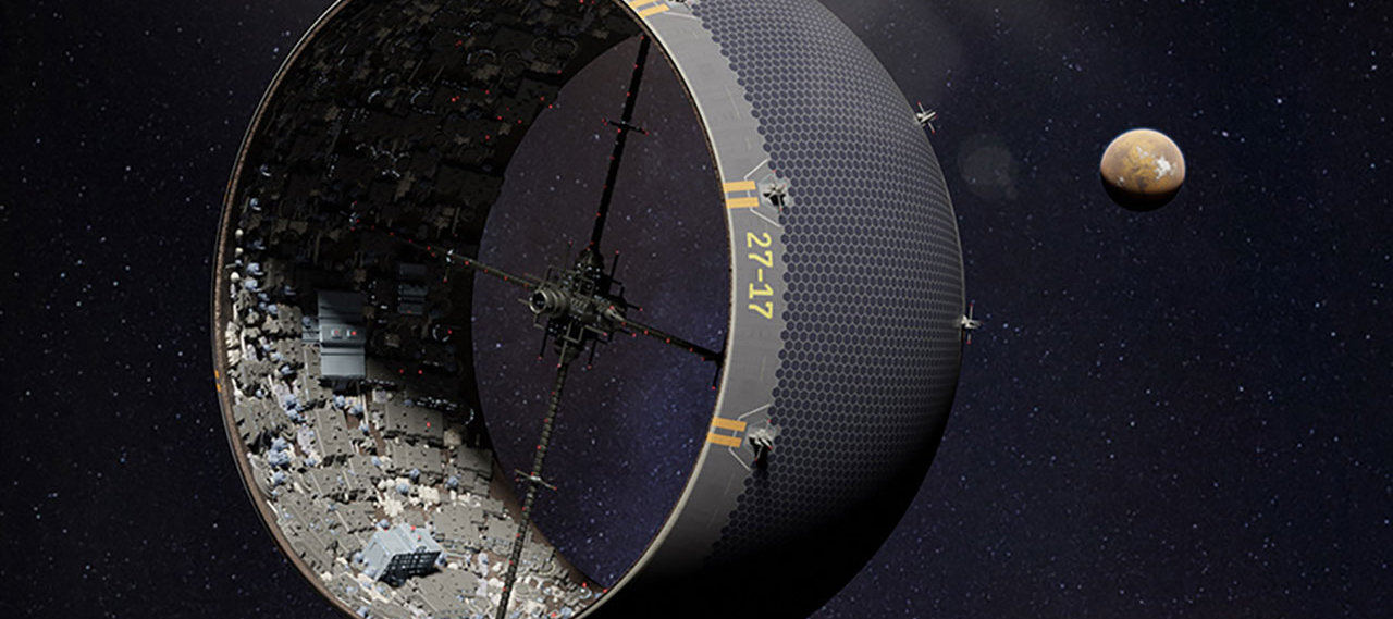 University of Rochester illustration by Michael Osadciw depicting a theoretical asteroid city.