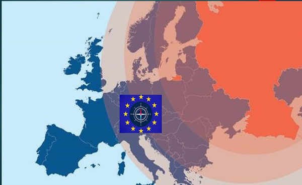 A map of Europe in blue with concentric red circles and a yellow star marking a spot.