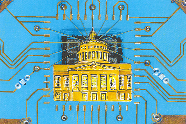 A graphic image of a computer chipwith a drawing of Rush Rhees Library imbedded in it. Artwork by Anny Ostau De Lafont.