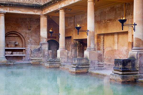 A computer-generate image of the interior of a Roman bath.