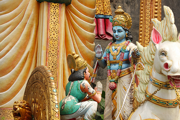 A computer-generated image of colorful Indian statuary.