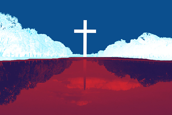A computer-generated image of a white cross against a blue background and white clouds with a reflection colored red.