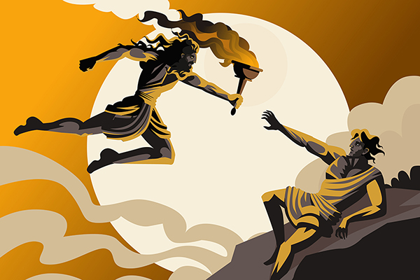 A graphic illustration of a warrior fighting a god in the sky.