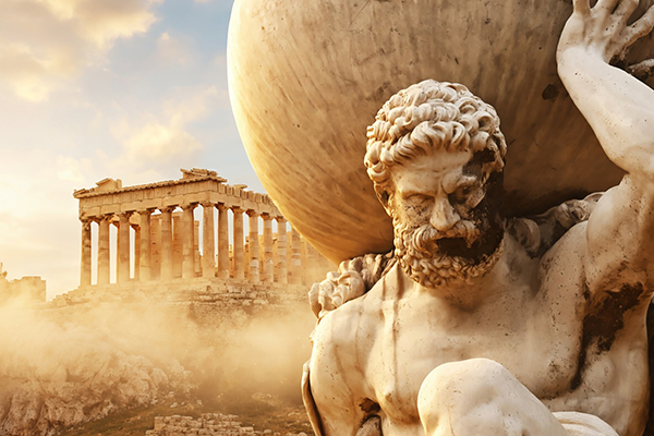 A computer-generated image of an ancient Greek statue of a man holding a boulder on his shoulders in the foreground with an ancient temple in the background.
